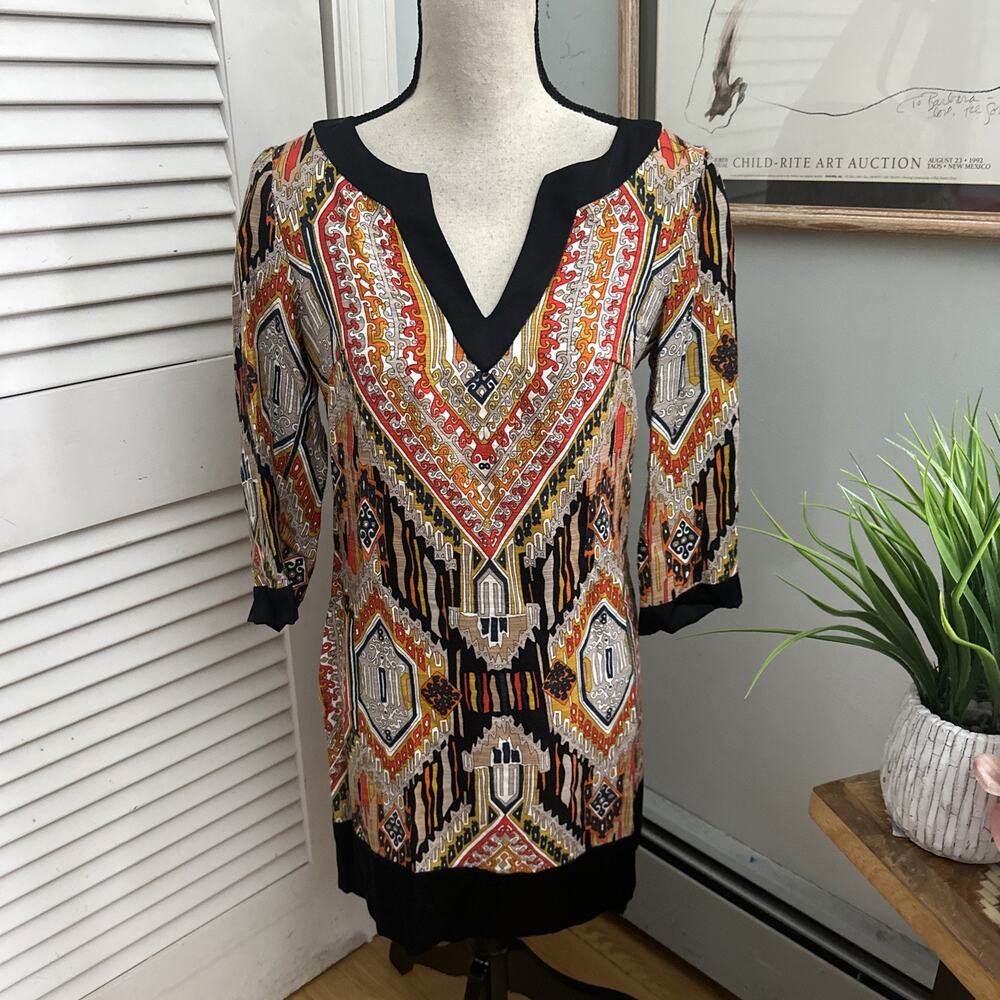 Trina Turk Dress Womens 2 Brown Paisley Shift Retro Artsy Resort Boho Chic